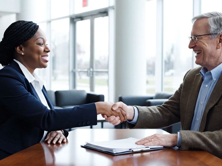 Notary and client shaking hands after a signing