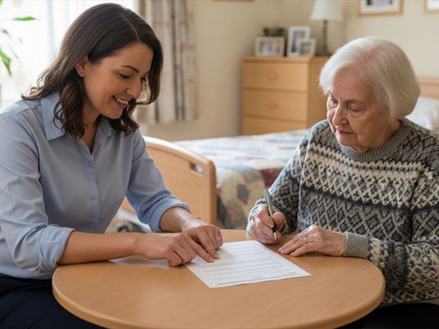Notary helping a client sign power of attorney documents at a table