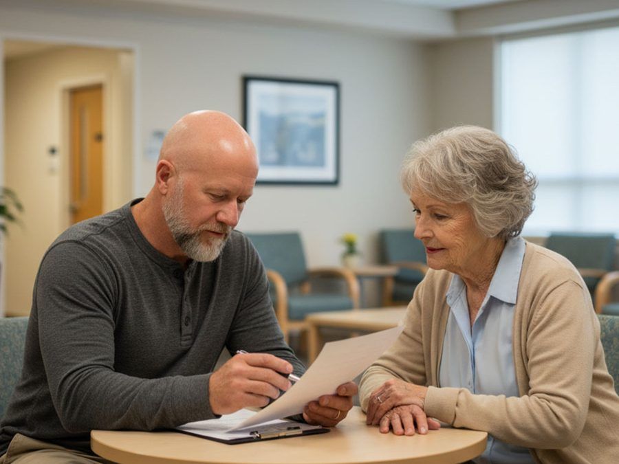 Notary meeting with a client in a hospital waiting area